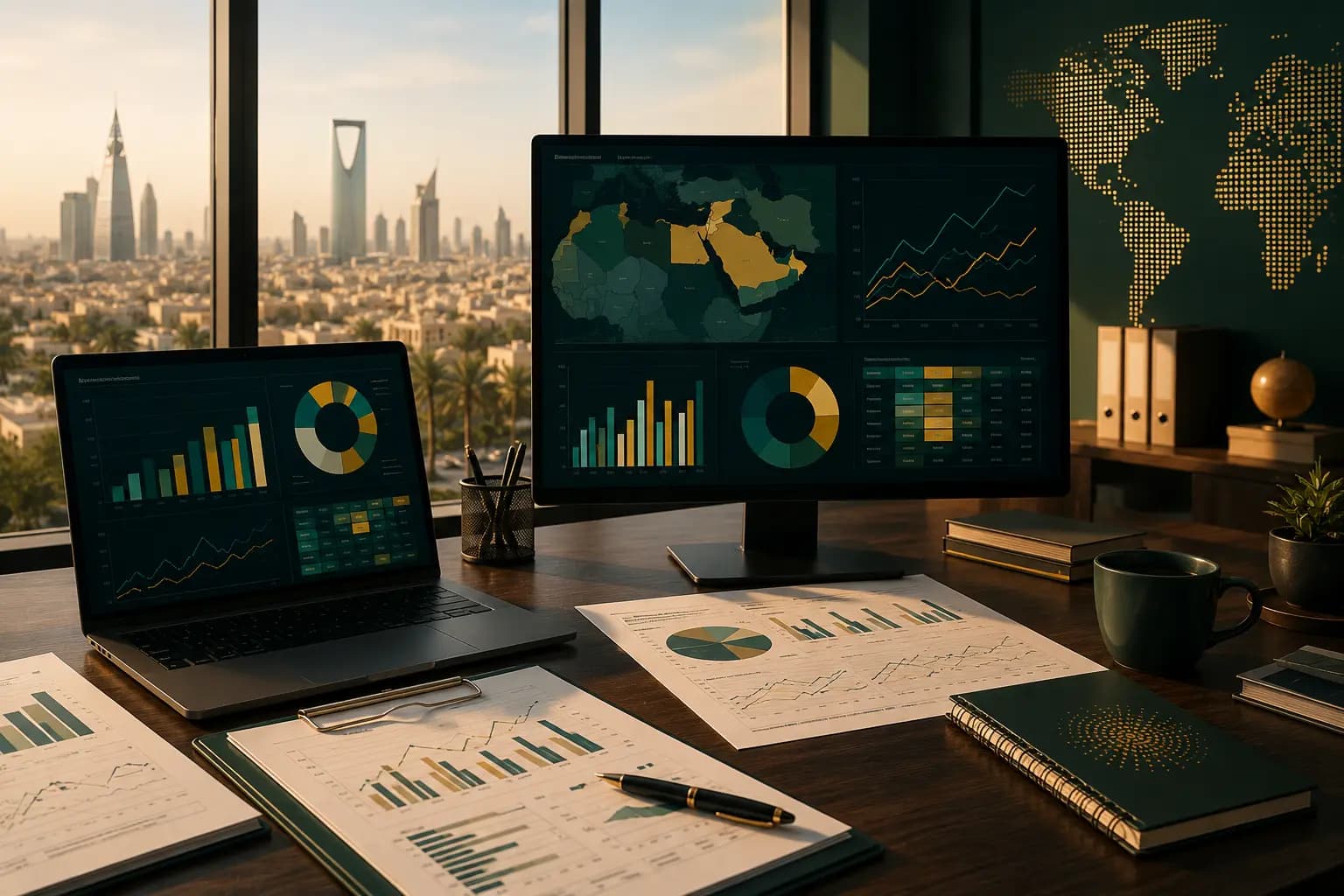 Market intelligence workspace with maps, retail distribution routes, charts, and field research materials